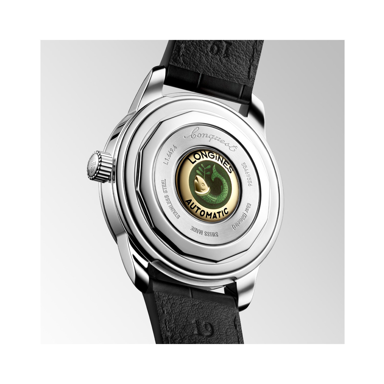 Longines, Conquest Heritage with a 38mm stainless steel case and a black leather strap featuring a green dial with rose gold toned hands.