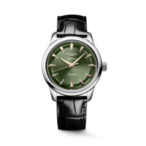 Longines, Conquest Heritage with a 38mm stainless steel case and a black leather strap featuring a green dial with rose gold toned hands.