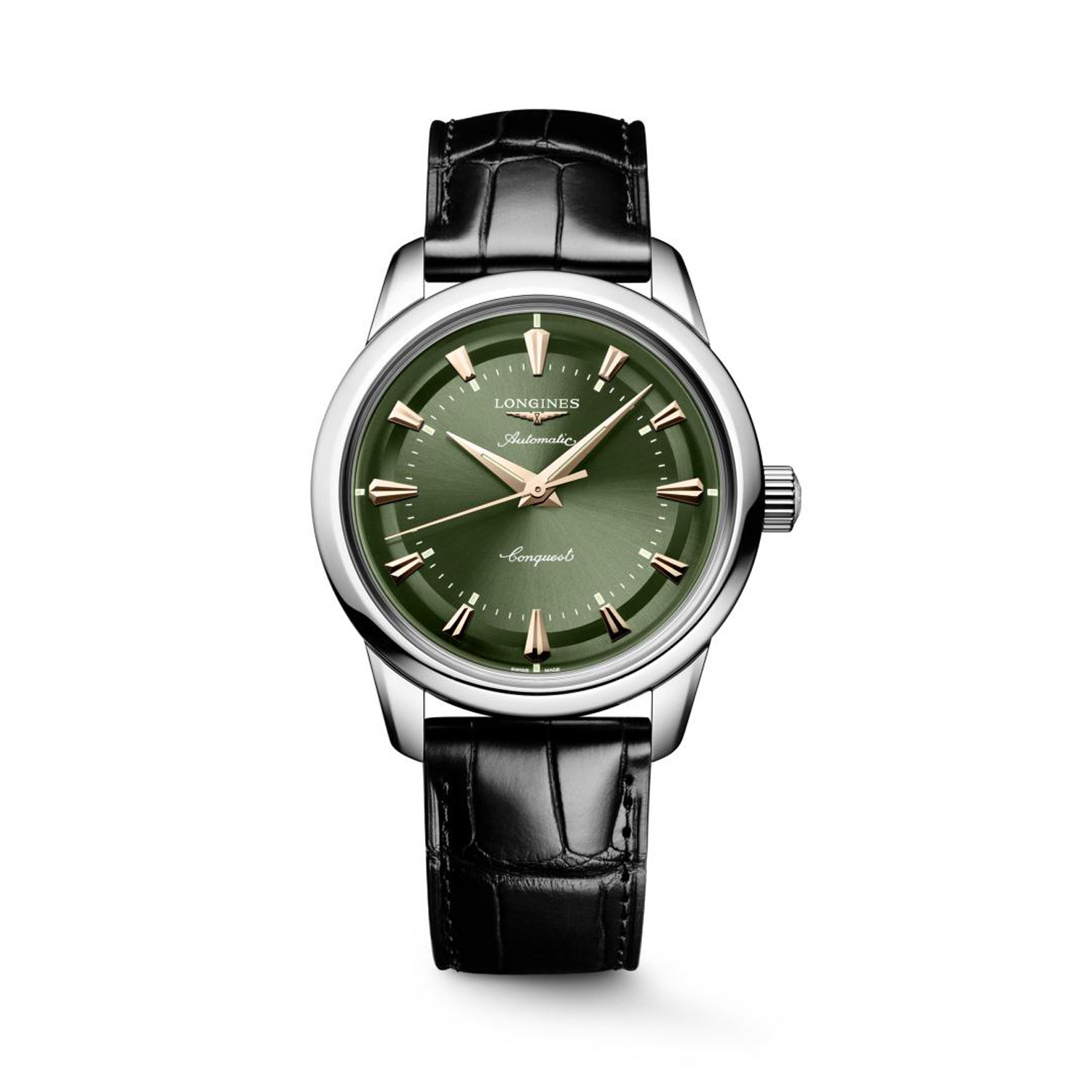Longines, Conquest Heritage with a 38mm stainless steel case and a black leather strap featuring a green dial with rose gold toned hands.