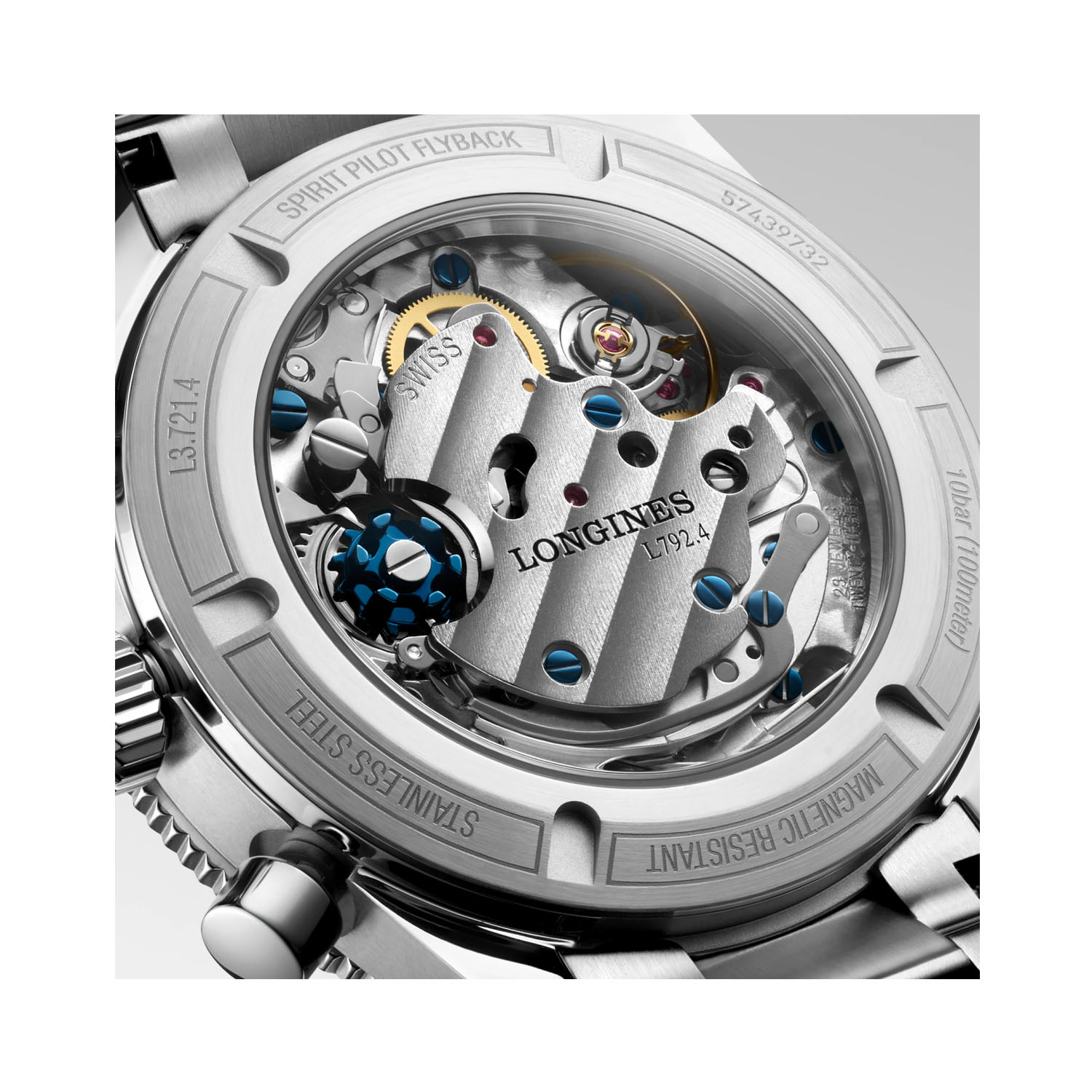 Longines, Spirit Pilot Flyback with a 39.5mm stainless steel case and bracelet strap featuring a chronograph with a black dial and bezel.