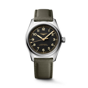 Longines, Spirit Pilot with a 39mm stainless steel case with a grey rubber strap featuring a matt black dial.