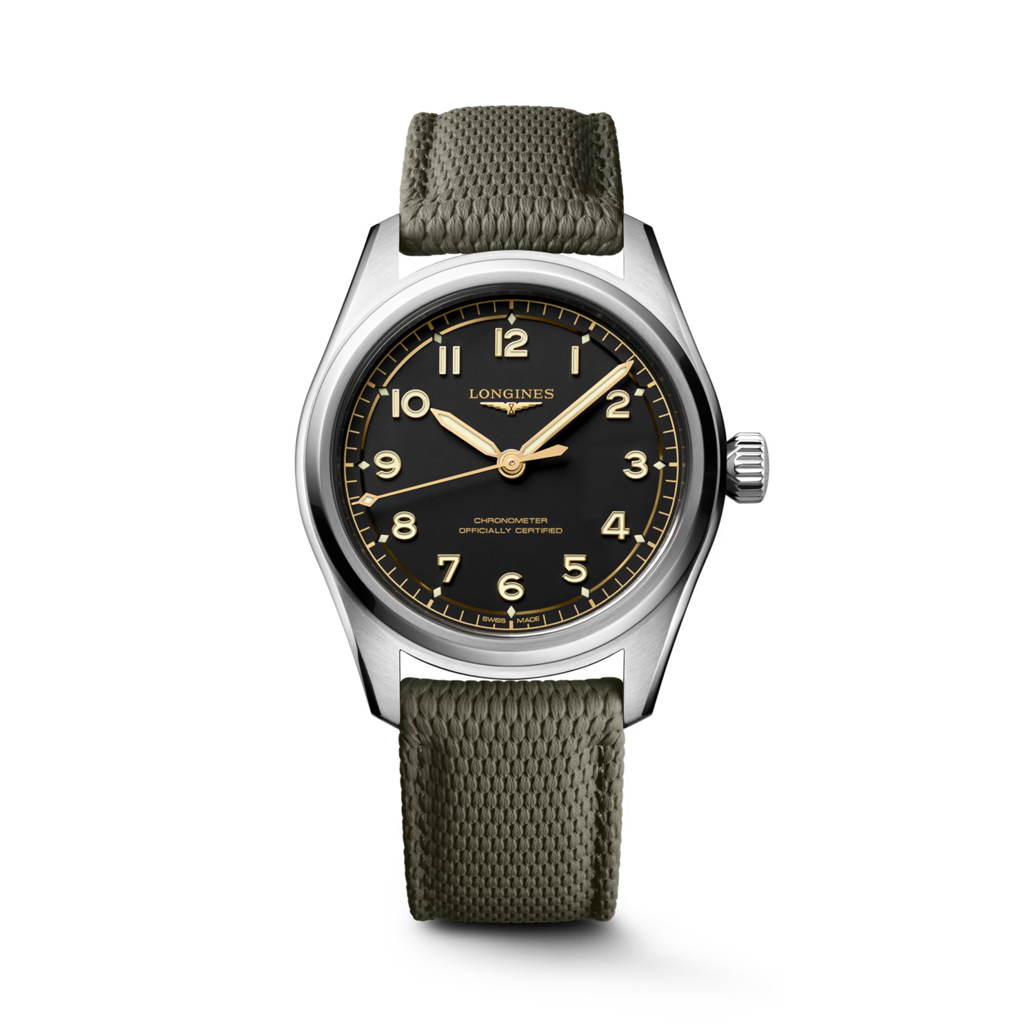 Longines, Spirit Pilot with a 39mm stainless steel case with a grey rubber strap featuring a matt black dial.