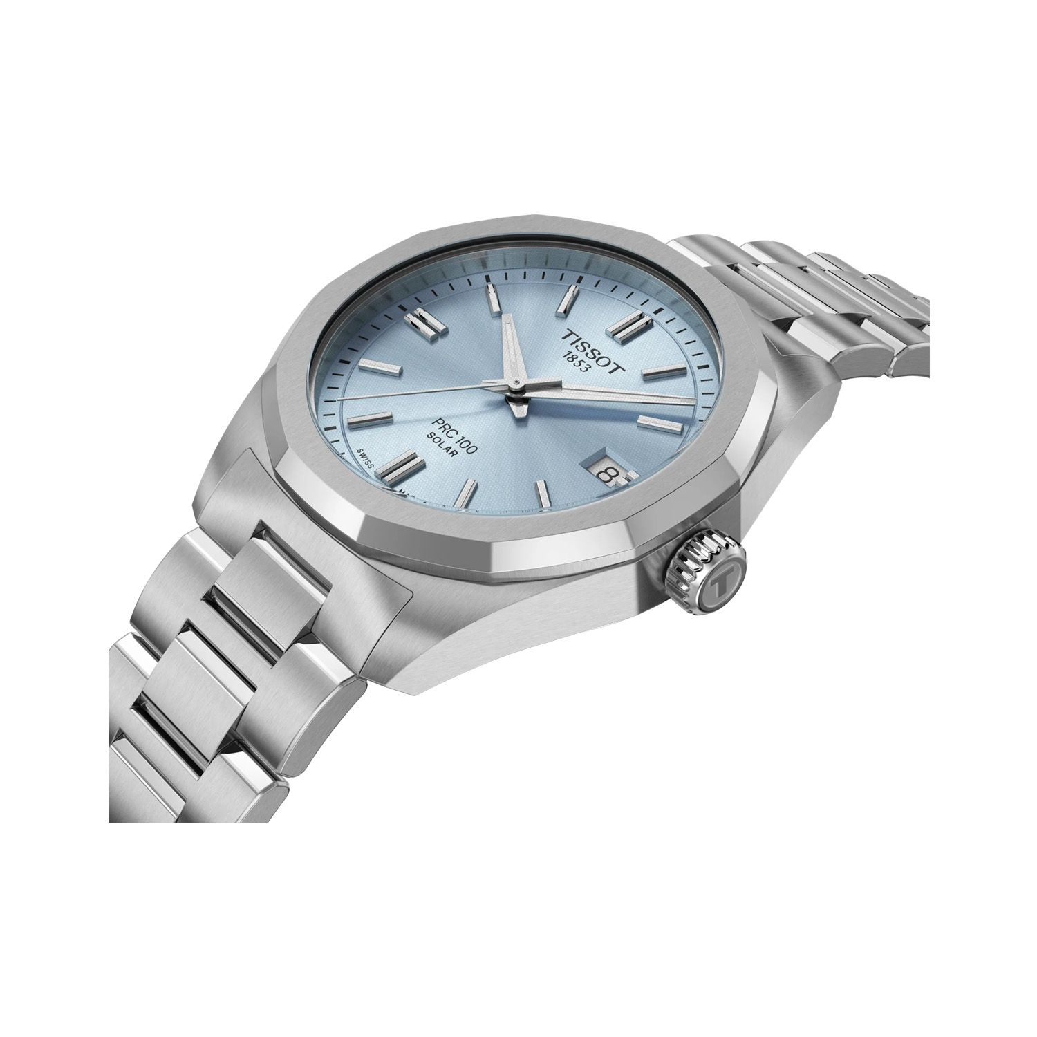 Tissot, PRC 100 Solar with a 34mm stainless steel case and bracelet strap featuring a date function and an ice blue coloured dial.