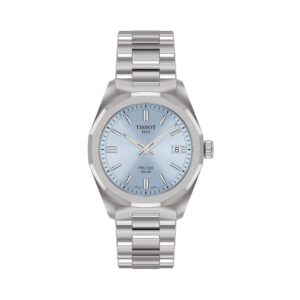 Tissot, PRC 100 Solar with a 34mm stainless steel case and bracelet strap featuring a date function and an ice blue coloured dial.