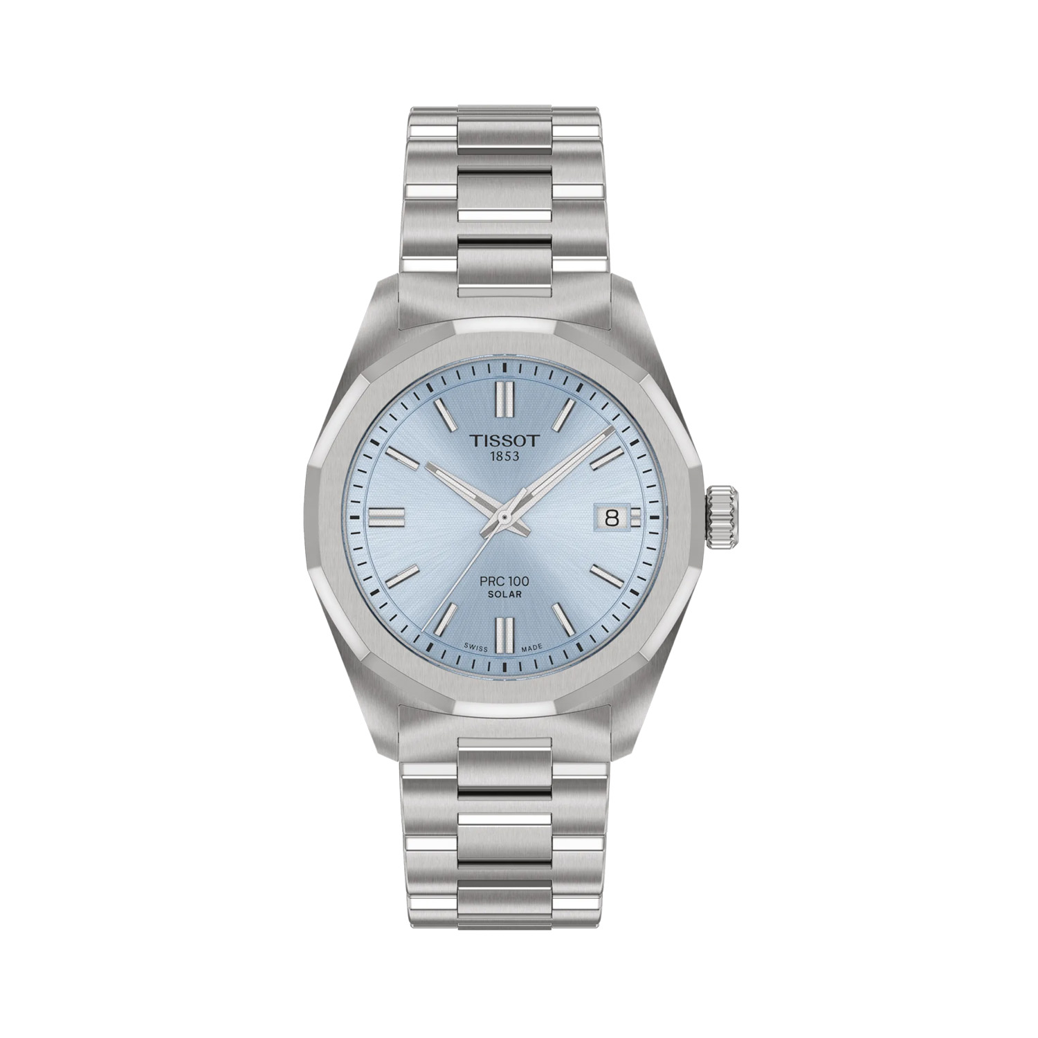 Tissot, PRC 100 Solar with a 34mm stainless steel case and bracelet strap featuring a date function and an ice blue coloured dial.