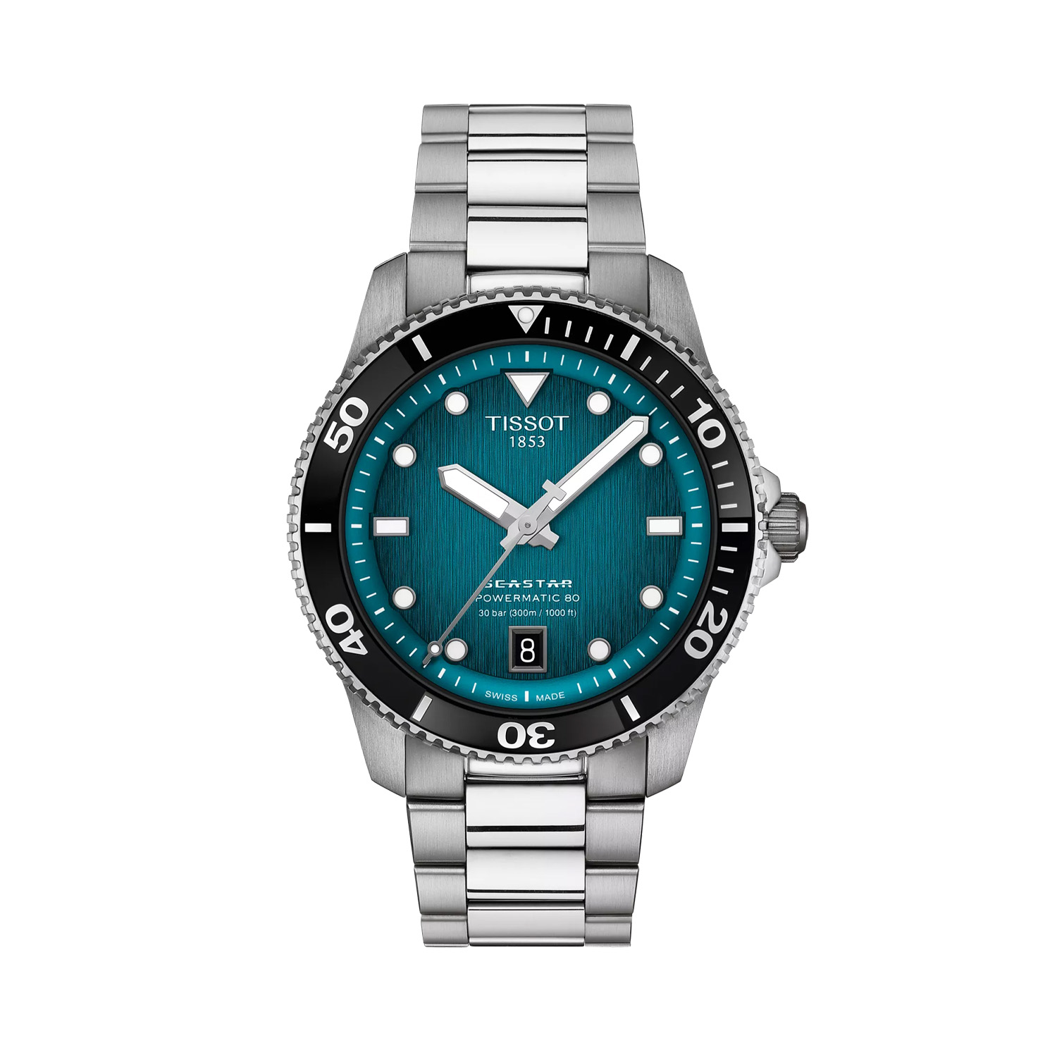 Tissot, Seastar 1000 with a 40mm stainless steel case and bracelet strap featuring a date function on a graded turquoise-black coloured dial.
