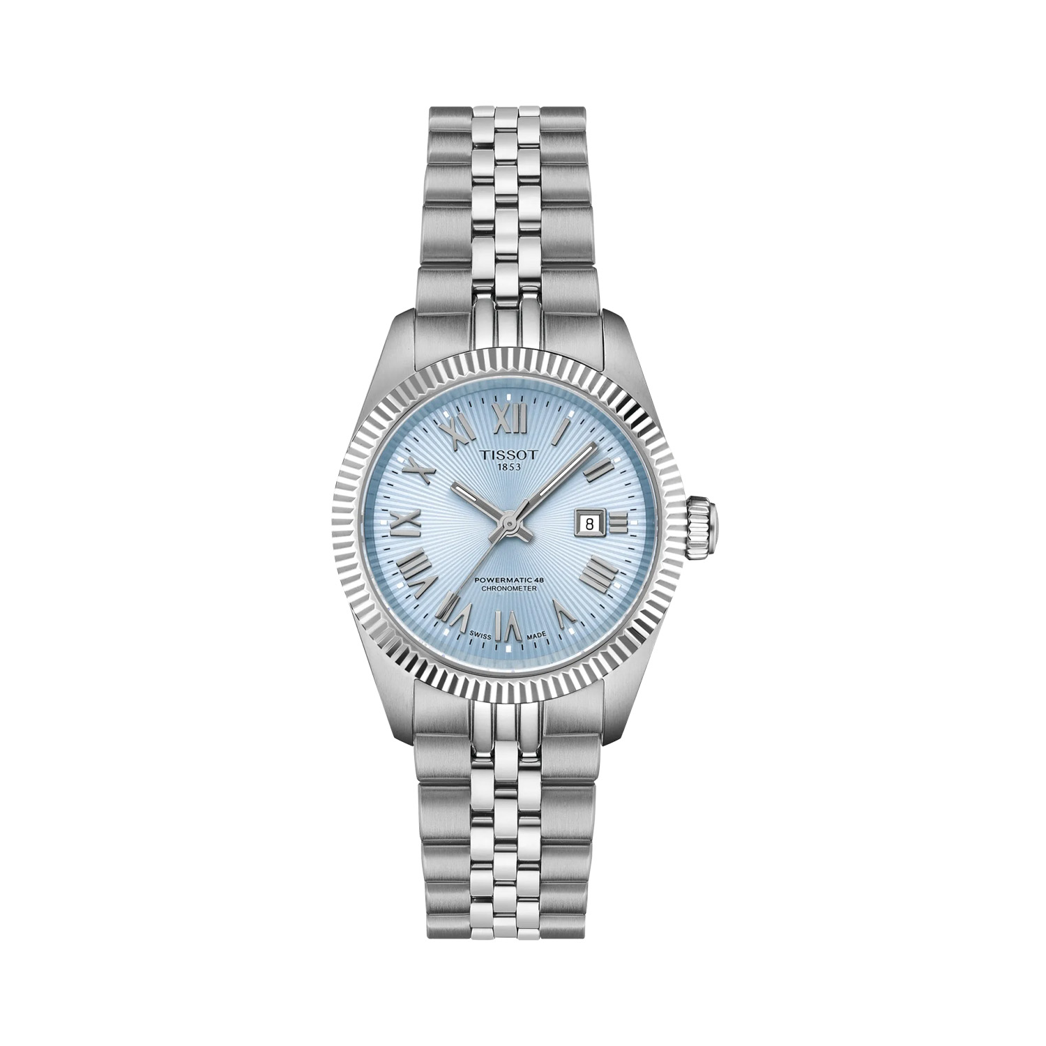 Tissot, Ballade with a 30mm stainless steel case and bracelet strap featuring a date function and an ice blue coloured dial.