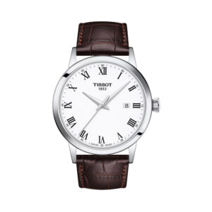 Tissot, Classic Dream with a 42mm stainless steel case and brown leather strap featuring a date function and a white dial.