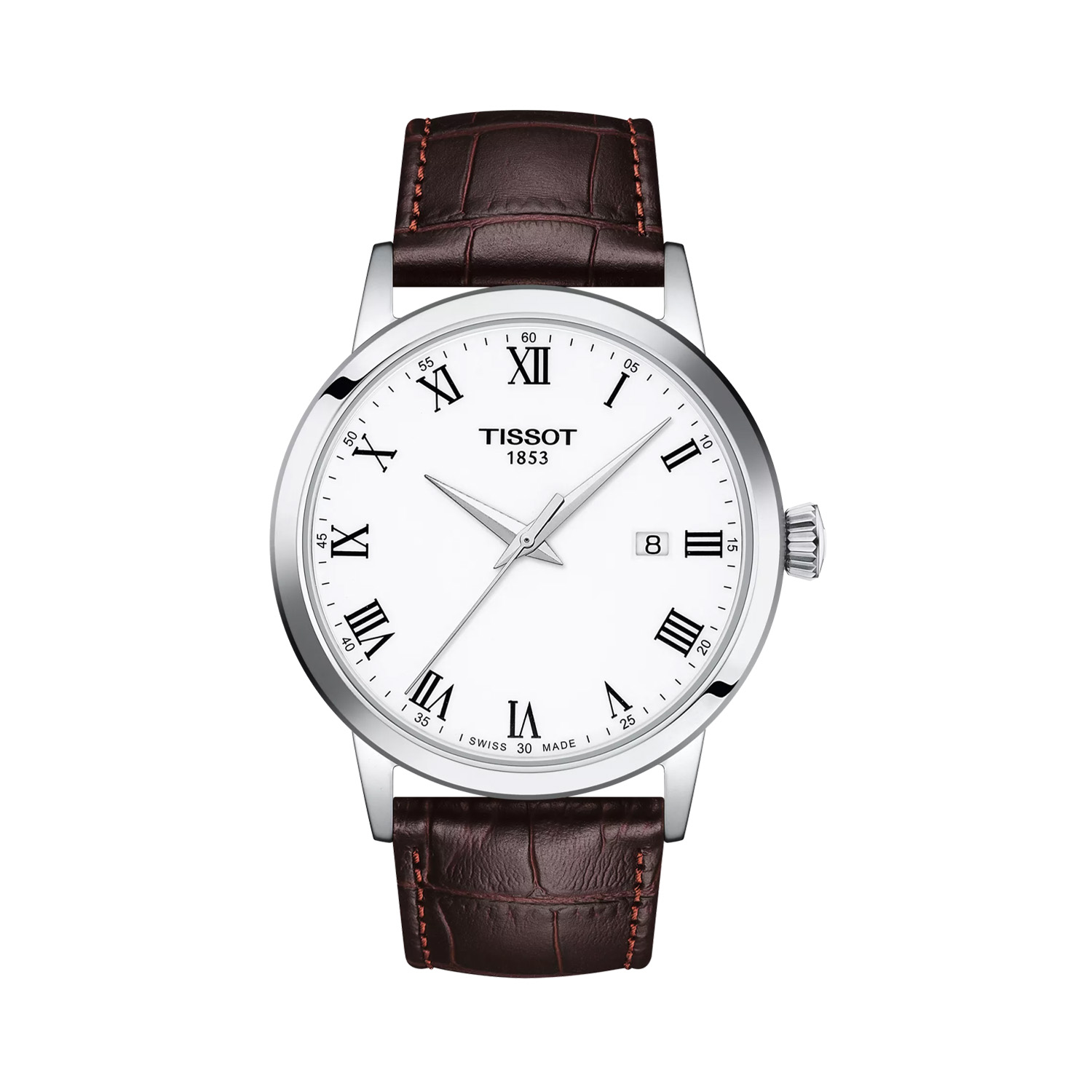 Tissot, Classic Dream White Dial, Quartz Men's Watch Tissot, Classic Dream with a 42mm stainless steel case and brown leather strap featuring a date function and a white dial.