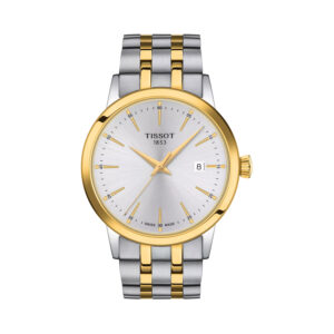 Tissot, Classic Dream with a 42mm stainless steel and yellow gold PVD coated bi-colour case and bracelet strap featuring a date function and a silver dial.