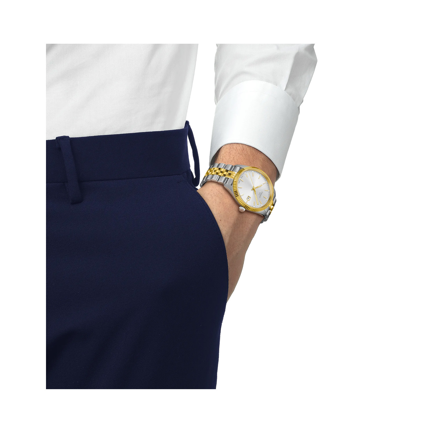 Tissot, Ballade with a 40mm stainless steel case and yellow gold PVD coated case and bracelet strap featuring a date function and a silver dial.