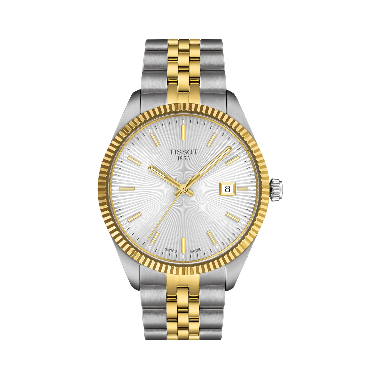 Tissot, Ballade with a 40mm stainless steel case and yellow gold PVD coated case and bracelet strap featuring a date function and a silver dial.