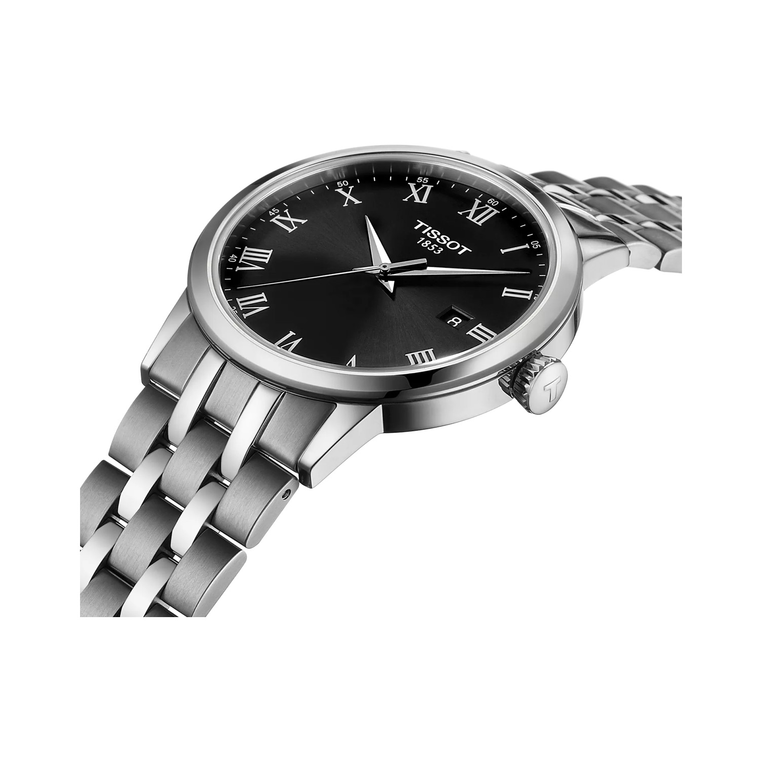 Tissot, Classic Dream with a 42mm stainless steel case and bracelet strap featuring a date function and a black dial.