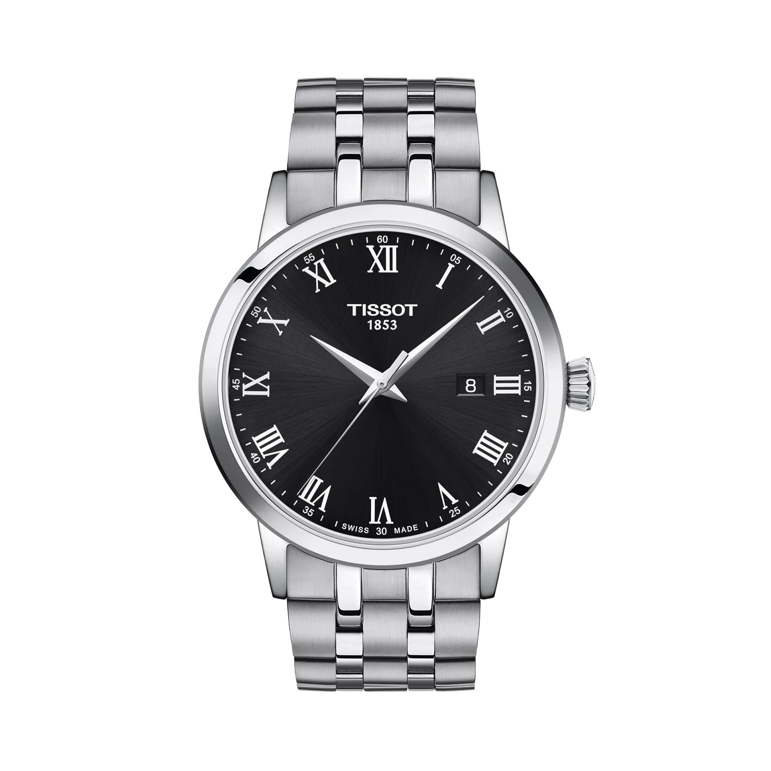 Tissot, Classic Dream with a 42mm stainless steel case and bracelet strap featuring a date function and a black dial.