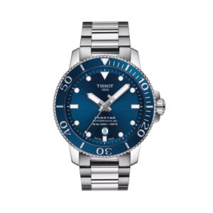 Tissot, Seastar 100 with a 43mm stainless steel case and bracelet strap featuring a date function and a blue dial and bezel.