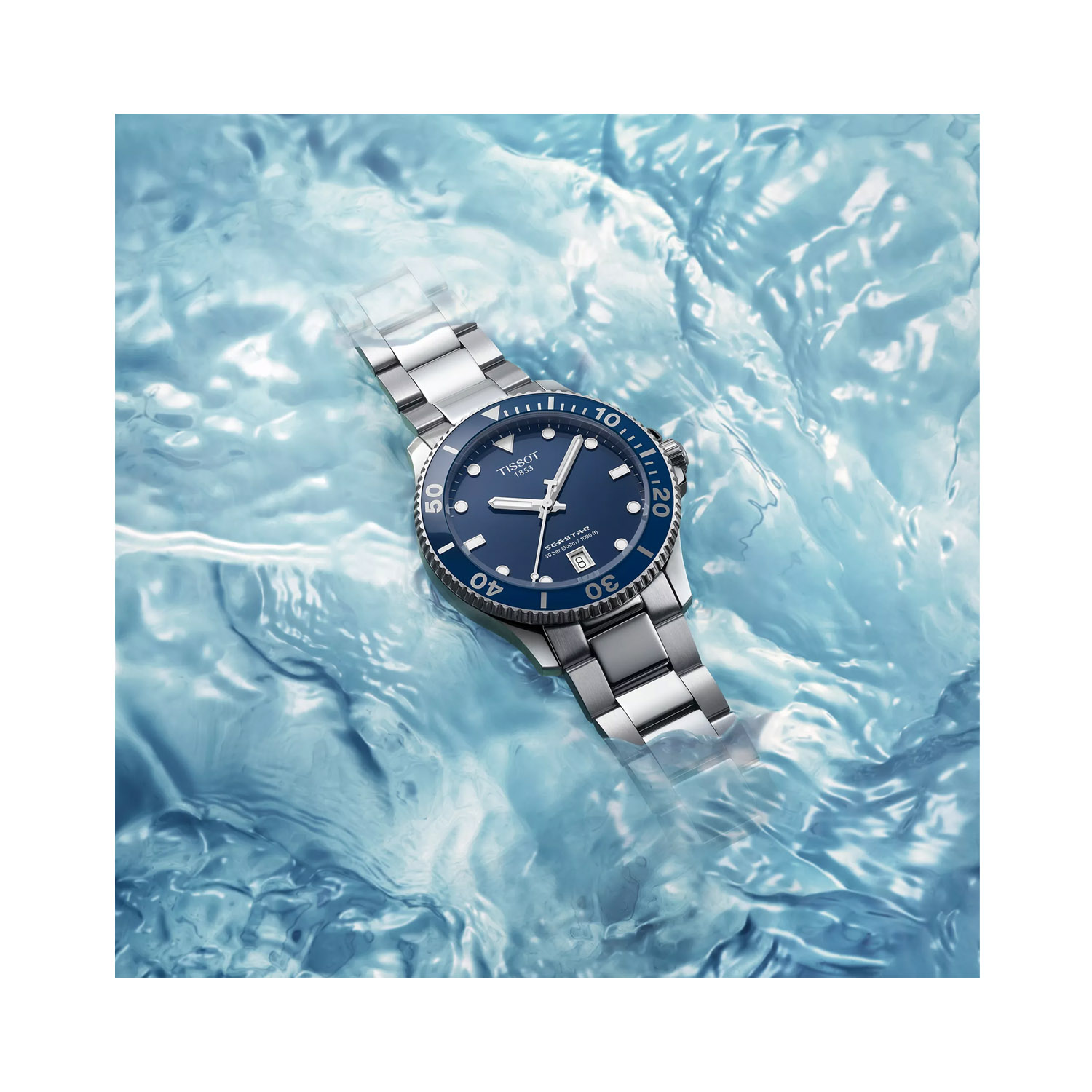 Tissot, Seastar 1000 Blue Powermatic 80, Automatic Men's Watch Tissot, Seastar 100 with a 43mm stainless steel case and bracelet strap featuring a date function and a blue dial and bezel.