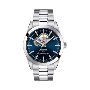 Tissot, Gentleman Open Heart with a 40mm stainless steel case and bracelet strap featuring a blue open heart dial.