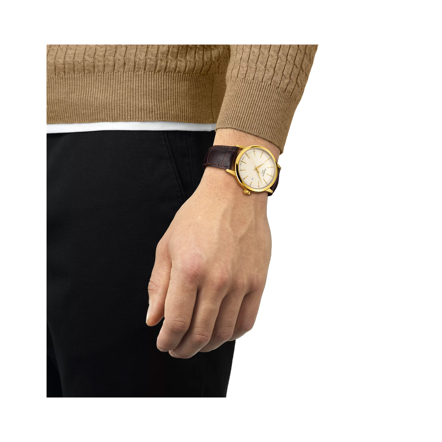 Tissot, Classic Dream with a 42mm stainless steel yellow gold PVD coated case and a brown leather strap featuring a date function and an ivory coloured dial.