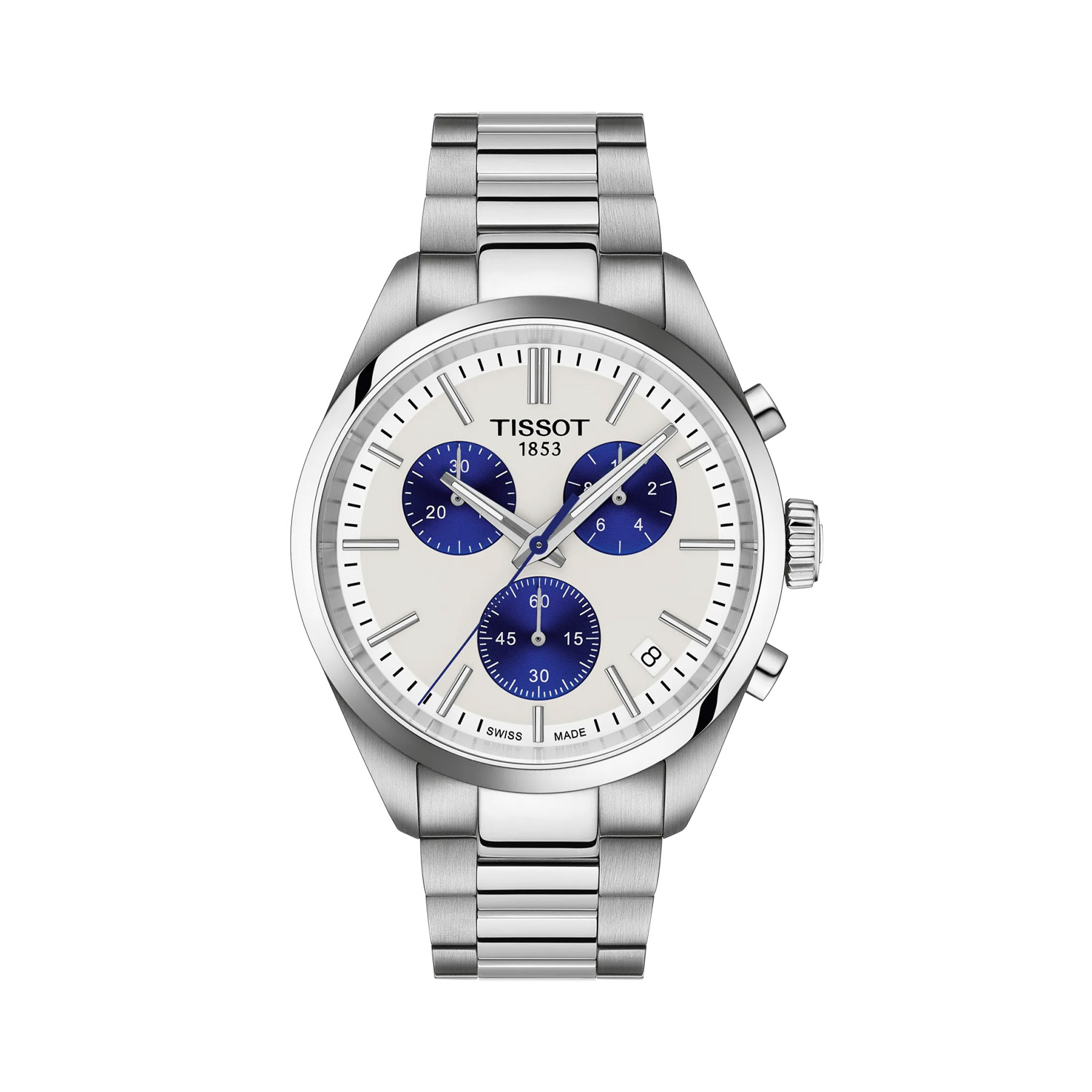 Tissot, PR 100 Chronograph White, Quartz Men's Watch Tissot, PR 100 with a 40mm stainless steel case and bracelet strap featuring a chronograph, date function and a white and blue coloured dial.