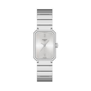 Tissot, SRV with a 30mm stainless steel rectangular case and bracelet strap featuring a silver dial.