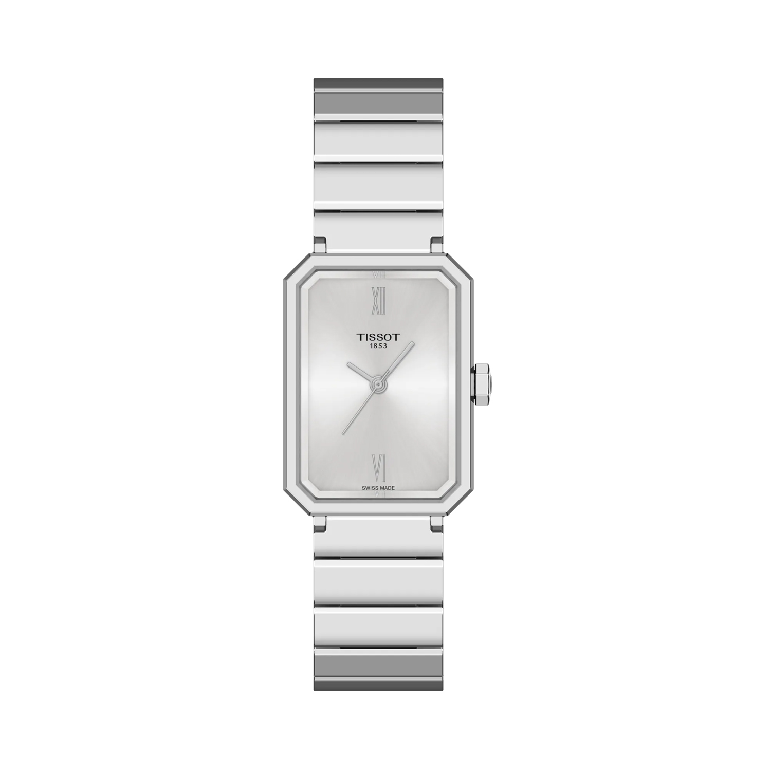 Tissot, SRV with a 30mm stainless steel rectangular case and bracelet strap featuring a silver dial.