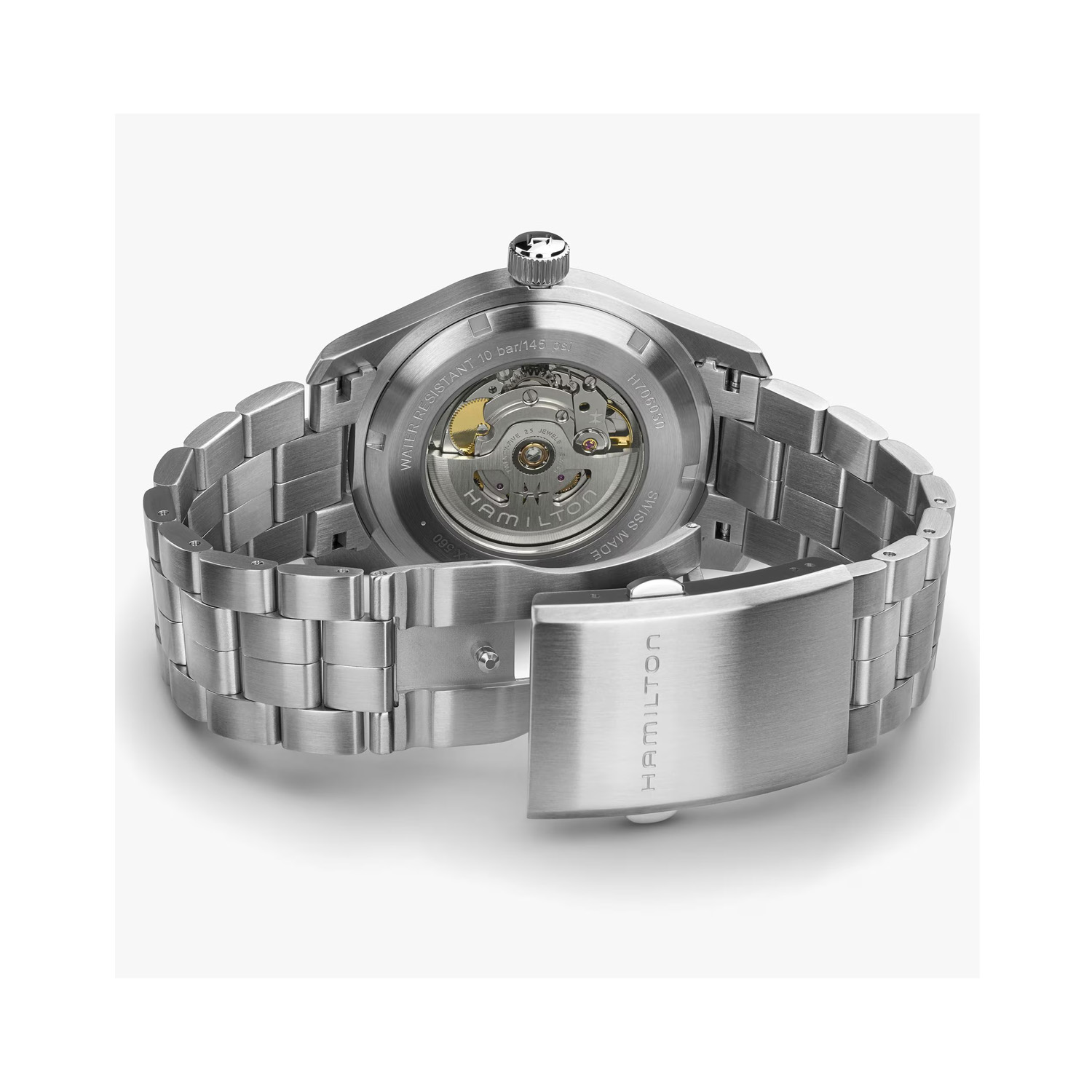 Hamilton, Khaki Field with a 42mm stainless steel case and a bracelet strap featuring a date function and a green dial.