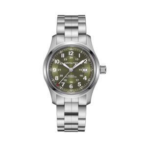 Hamilton, Khaki Field with a 42mm stainless steel case and a bracelet strap featuring a date function and a green dial.