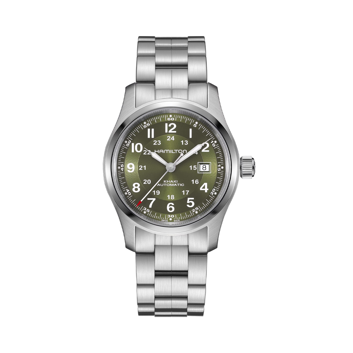 Hamilton, Khaki Field with a 42mm stainless steel case and a bracelet strap featuring a date function and a green dial.
