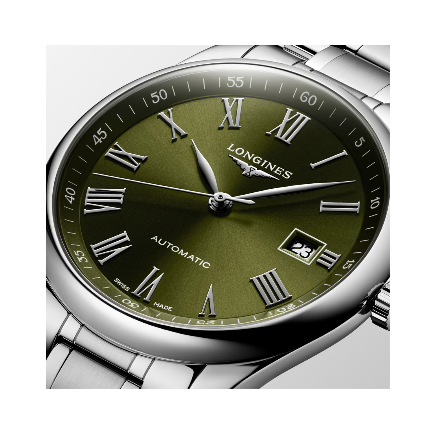 Longines, Master Collection with a 40mm stainless steel case and bracelet strap featuring a date function and a green dial.