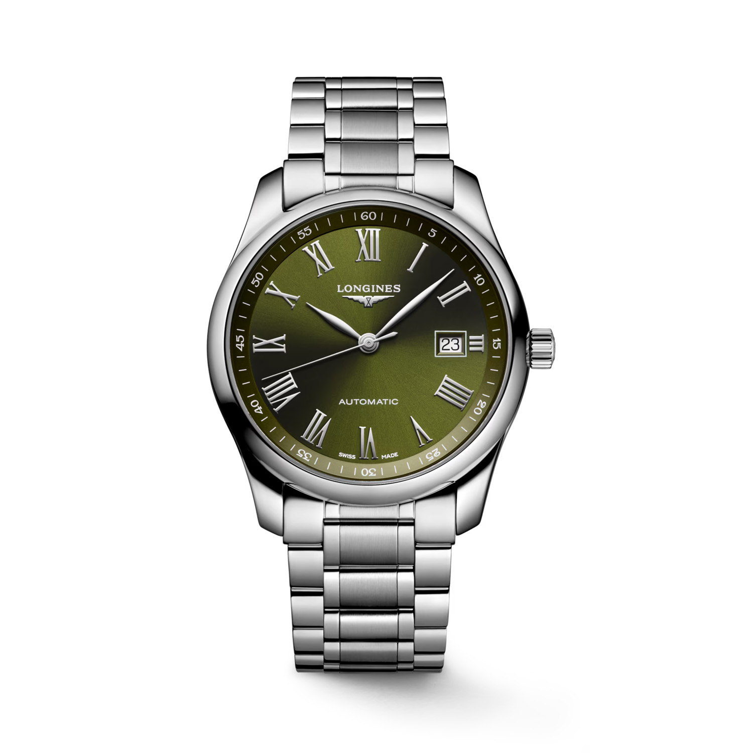 Longines, Master Collection with a 40mm stainless steel case and bracelet strap featuring a date function and a green dial.