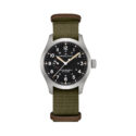 Hamilton, Khaki Field Power Reserve with a 40mm stainless steel case and a green textile strap featuring a black dial.