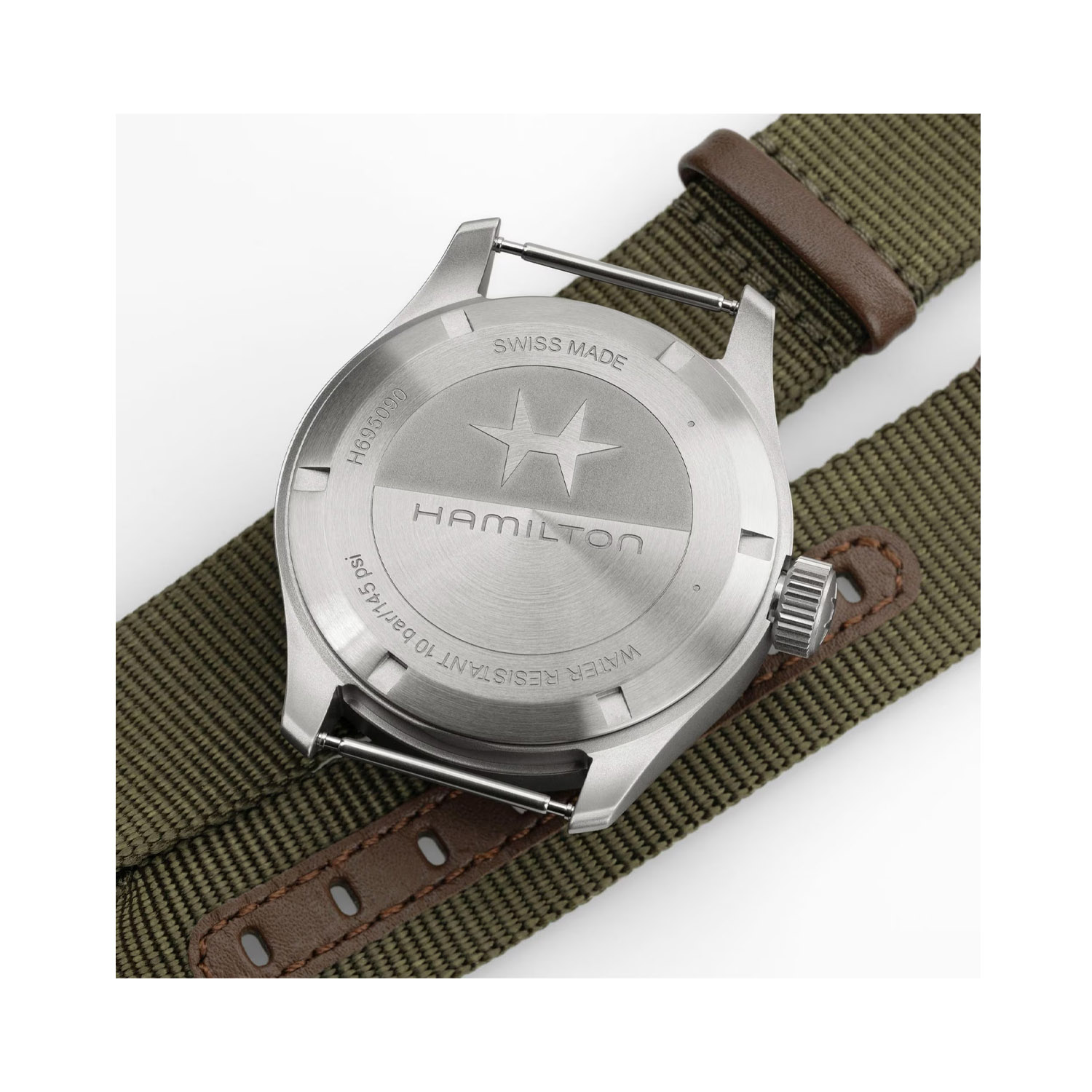 Hamilton, Khaki Field Power Reserve with a 40mm stainless steel case and a green textile strap featuring a black dial.