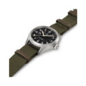 Hamilton, Khaki Field Power Reserve with a 40mm stainless steel case and a green textile strap featuring a black dial.