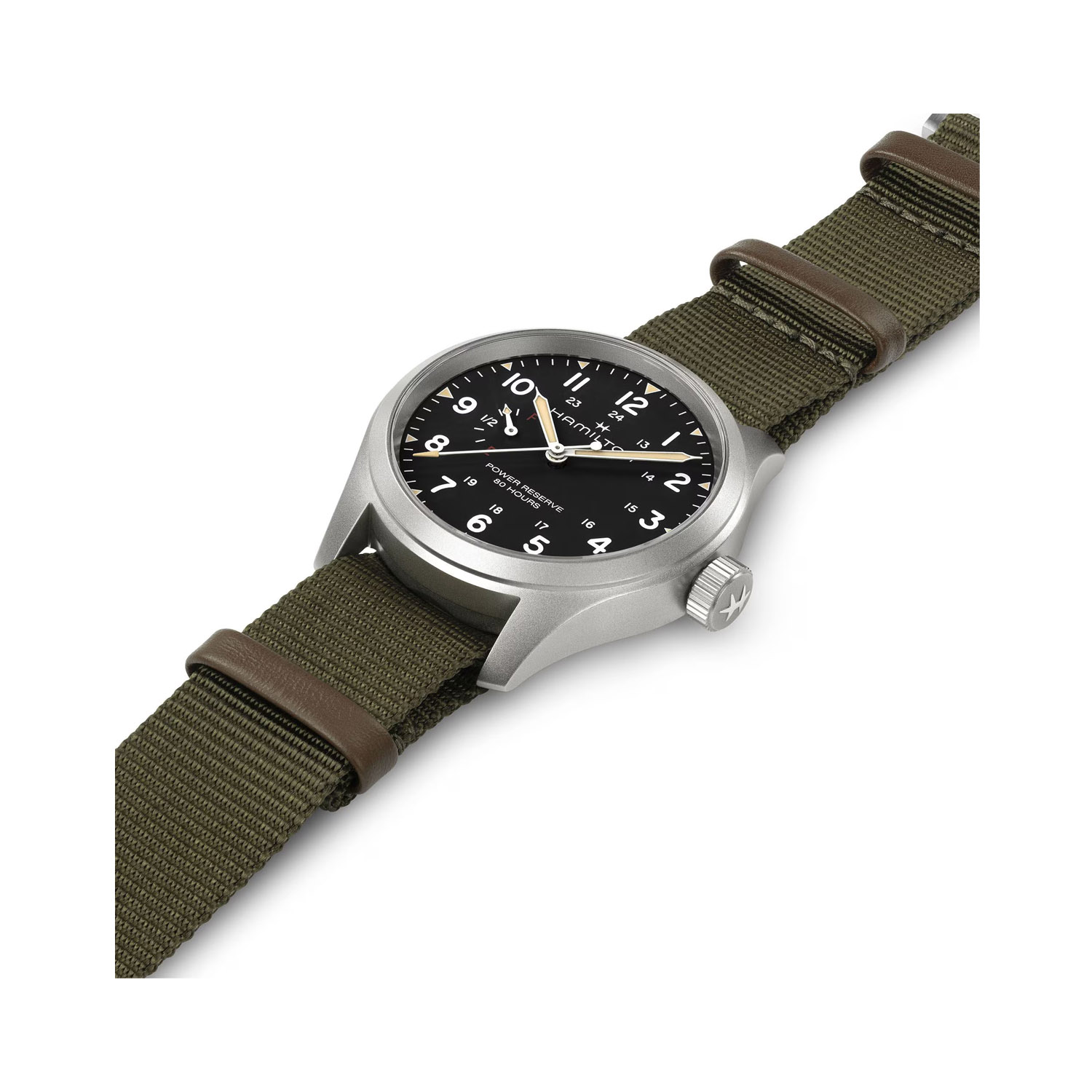 Hamilton, Khaki Field Power Reserve with a 40mm stainless steel case and a green textile strap featuring a black dial.