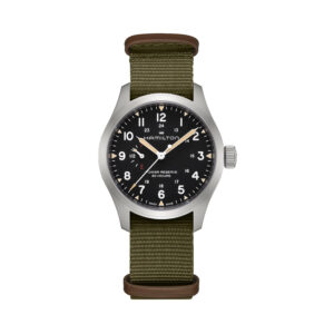 Hamilton, Khaki Field Power Reserve with a 40mm stainless steel case and a green textile strap featuring a black dial.