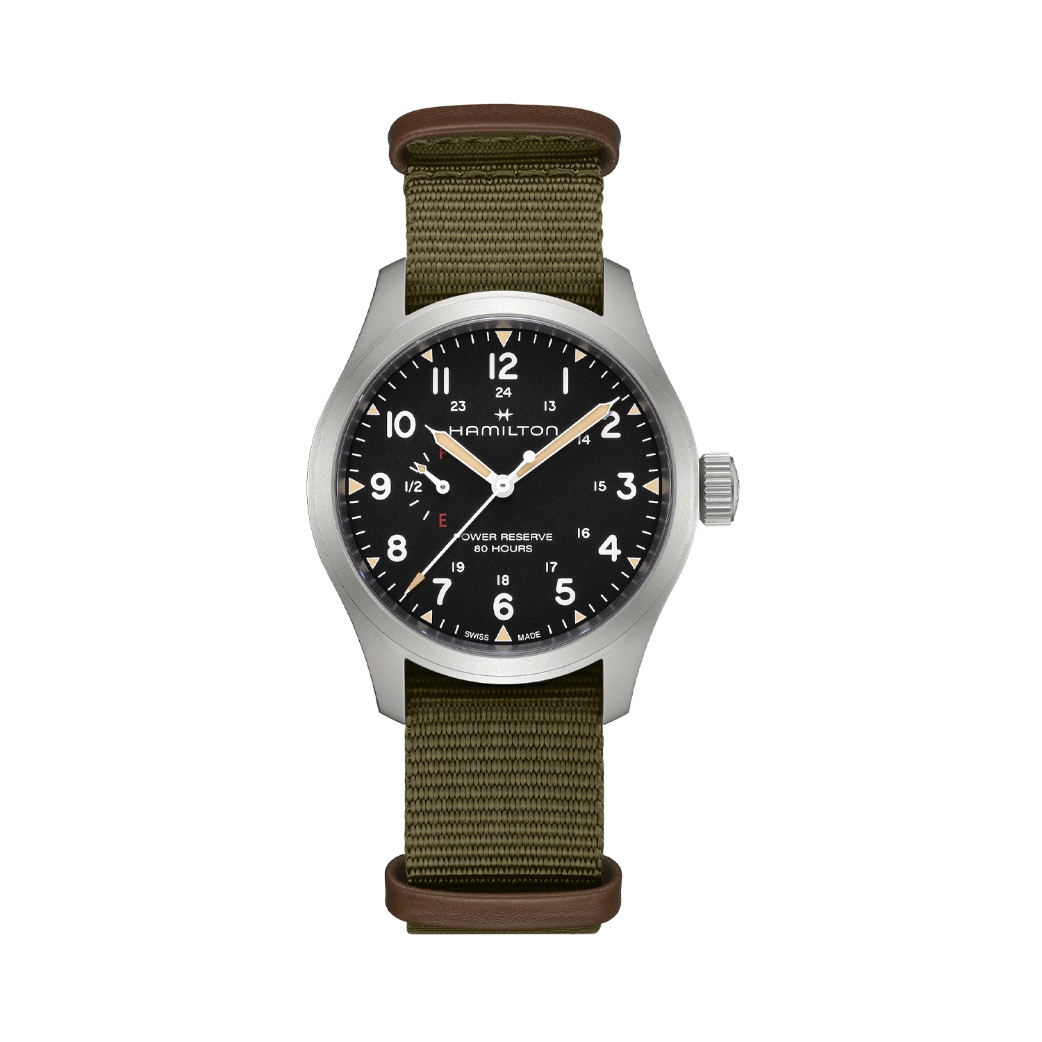 Hamilton, Khaki Field Power Reserve with a 40mm stainless steel case and a green textile strap featuring a black dial.
