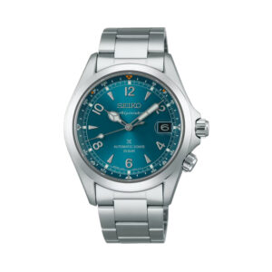 Seiko Prospex Alpinist 'Tealpine' with a 39.5mm stainless steel case and bracelet strap featuring a date function and a teal coloured dial.
