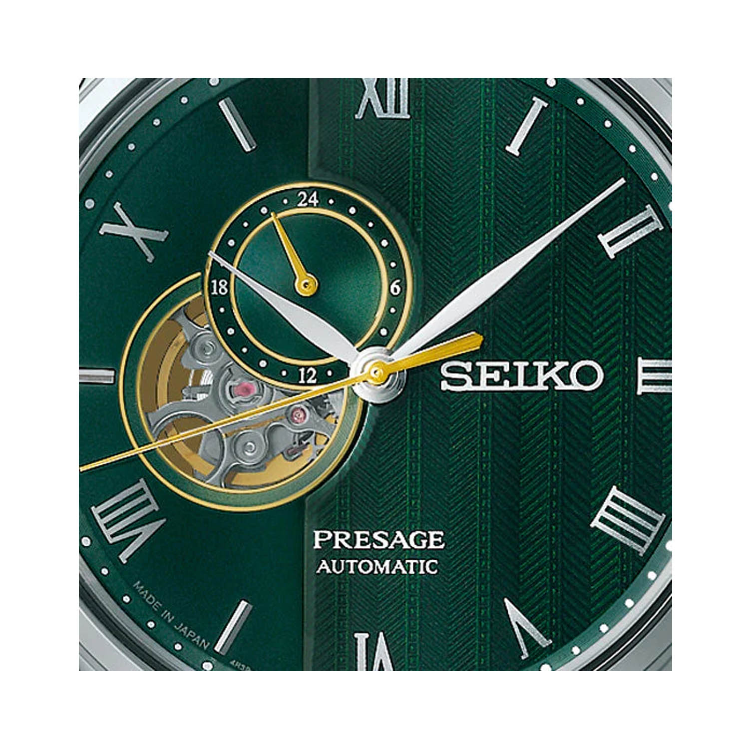 Seiko, Presage 'Japanese Zen Gardens' with a 41.8mm stainless steel case and bracelet strap featuring a fern green coloured open heart dial.