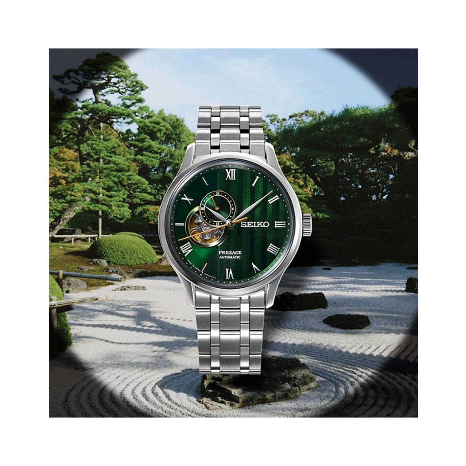 Seiko, Presage 'Japanese Zen Gardens' with a 41.8mm stainless steel case and bracelet strap featuring a fern green coloured open heart dial.