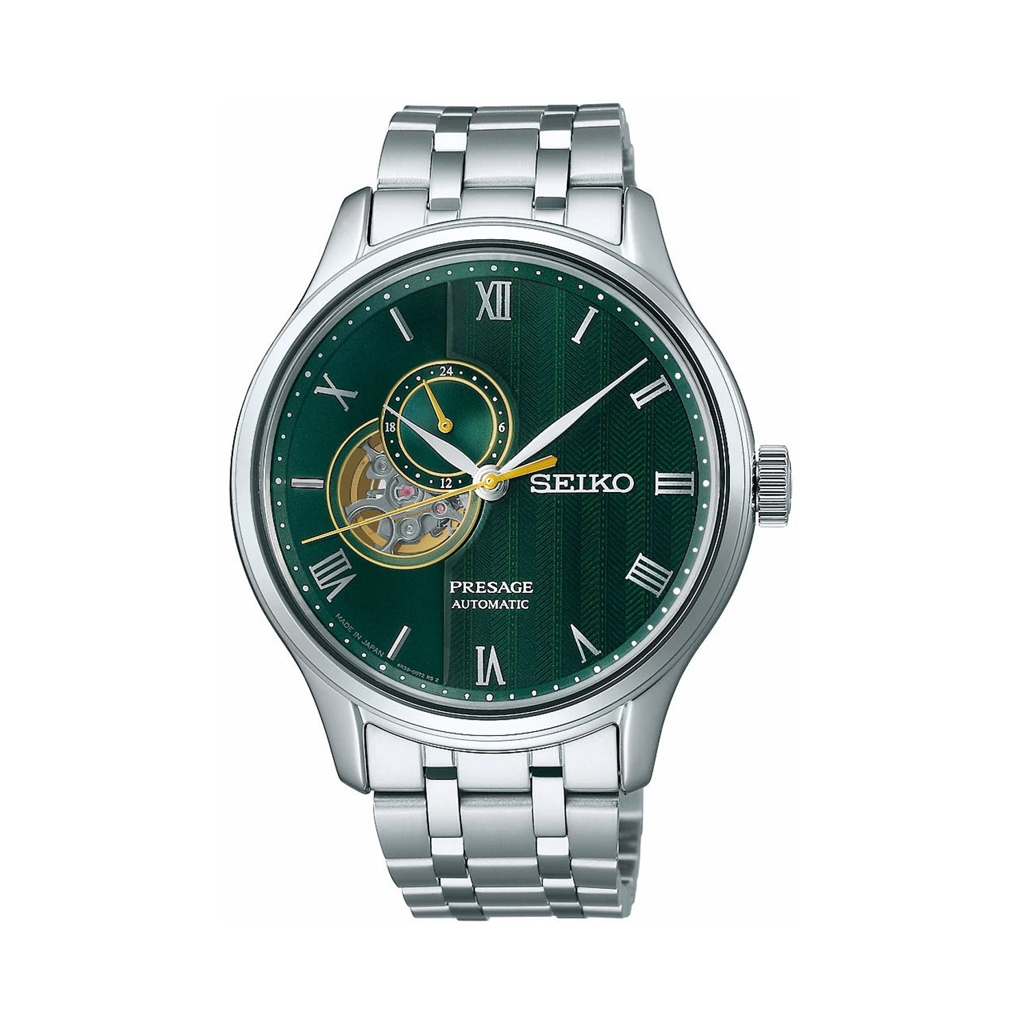 Seiko, Presage 'Japanese Zen Gardens' with a 41.8mm stainless steel case and bracelet strap featuring a fern green coloured open heart dial.