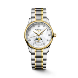 Longines, Master Collection with a 34mm stainless steel and 18ct yellow gold plated case and bracelet strap featuring a moonphase complication and a diamond set mother of pearl dial.