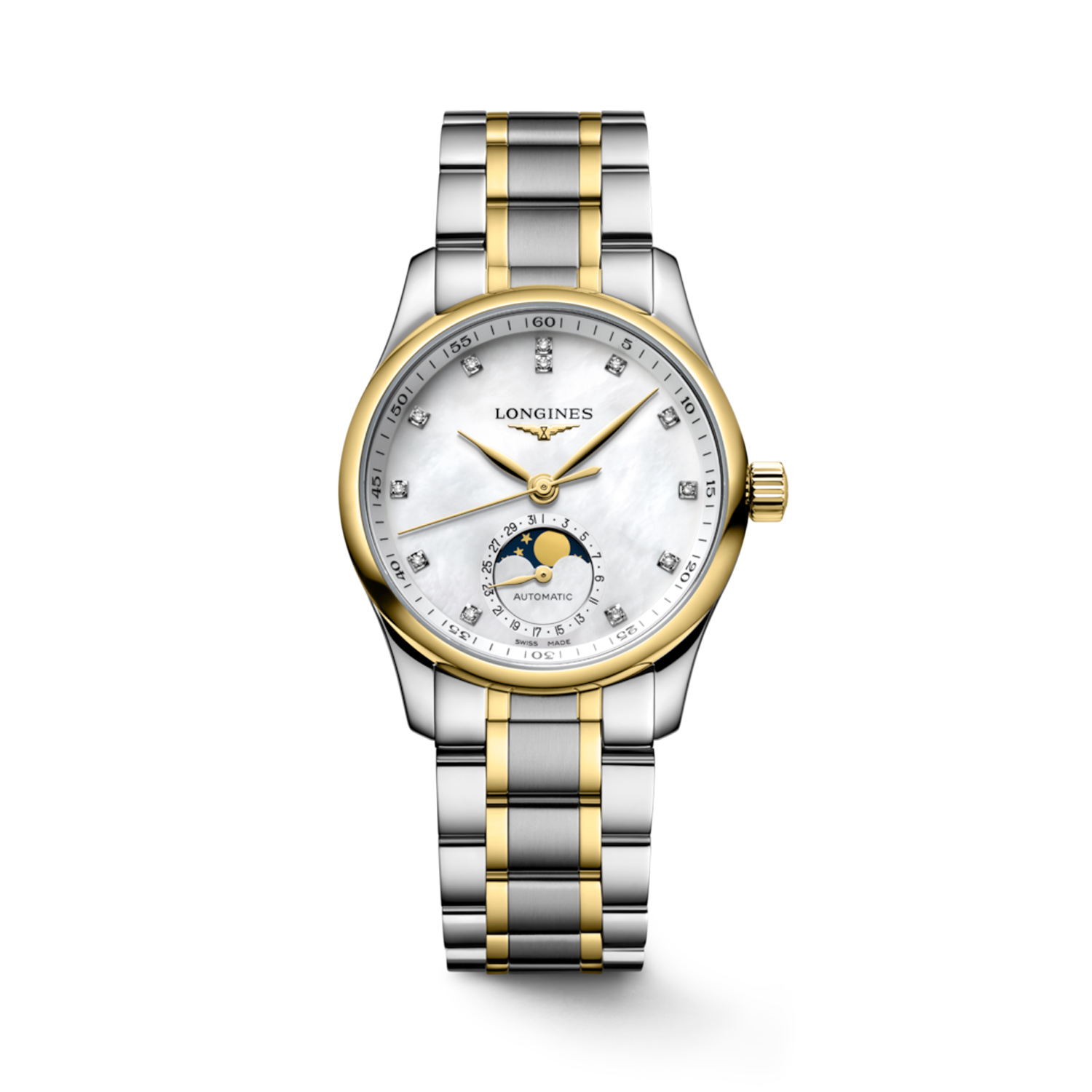 Longines, Master Collection Mother of Pearl & Diamond, Automatic Women's Watch Longines, Master Collection with a 34mm stainless steel and 18ct yellow gold plated case and bracelet strap featuring a moonphase complication and a diamond set mother of pearl dial.