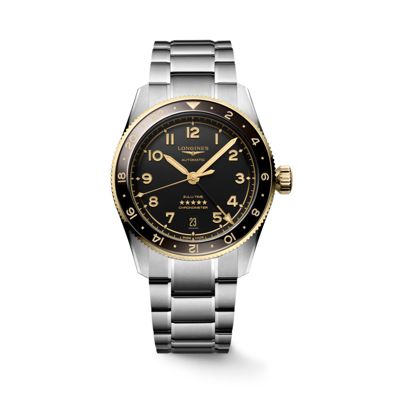 Longines, Spirit Zulu Time Anthracite, Automatic Men’s 39mm Watch Longines, Spirit Zulu Time with a 39mm stainless steel case and bracelet strap featuring an anthracite dial and a chocolate brown ceramic bezel.