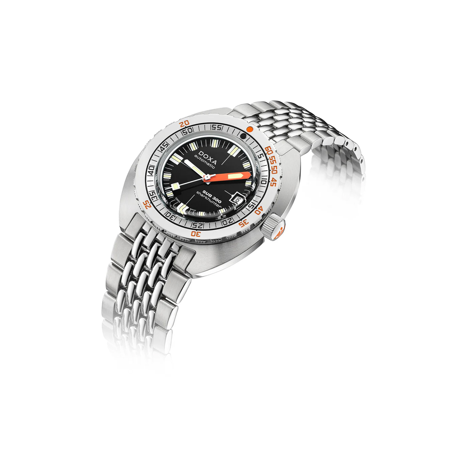 DOXA SUB 300, Sharkhunter, Automatic Men's Watch DOXA SUB 300, Sharkhunter with a 42.5mm stainless steel case and bracelet strap featuring a date function with a black dial and an orange and black steel bezel.