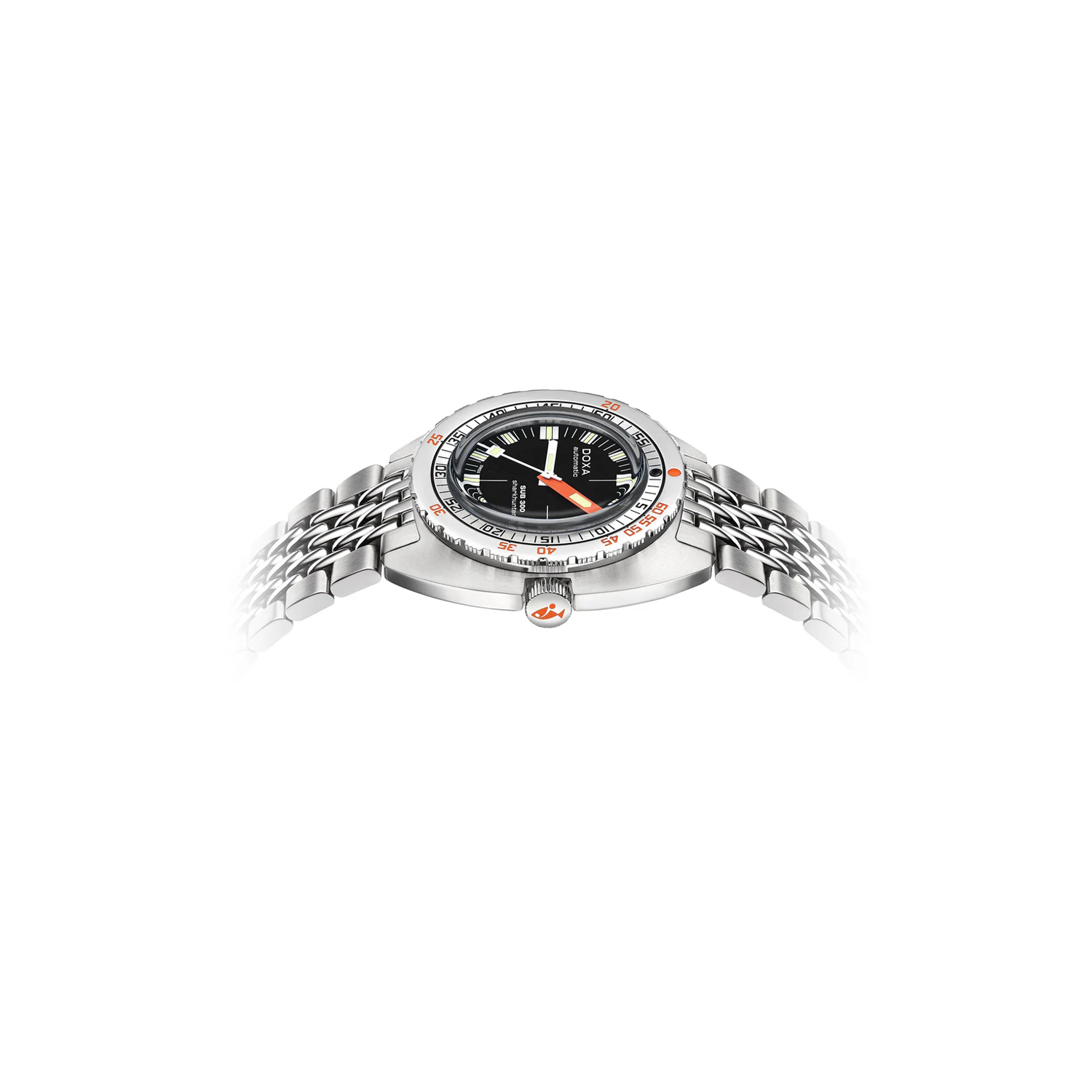 DOXA SUB 300, Sharkhunter, Automatic Men's Watch DOXA SUB 300, Sharkhunter with a 42.5mm stainless steel case and bracelet strap featuring a date function with a black dial and an orange and black steel bezel.