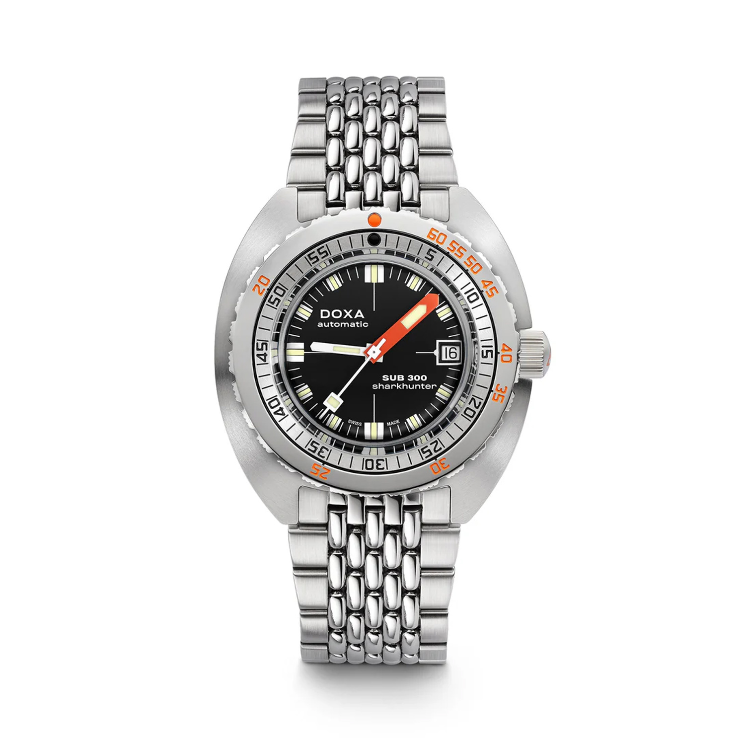 DOXA SUB 300, Sharkhunter, Automatic Men's Watch DOXA SUB 300, Sharkhunter with a 42.5mm stainless steel case and bracelet strap featuring a date function with a black dial and an orange and black steel bezel.