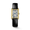 Longines, DolceVita 18ct Yellow Gold, Quartz Women's Watch Longines, DolceVita with a 20.5 x 32mm rectangular 18ct yellow gold case and a black leather strap featuring a small seconds hand and a silver "flinqué" dial.