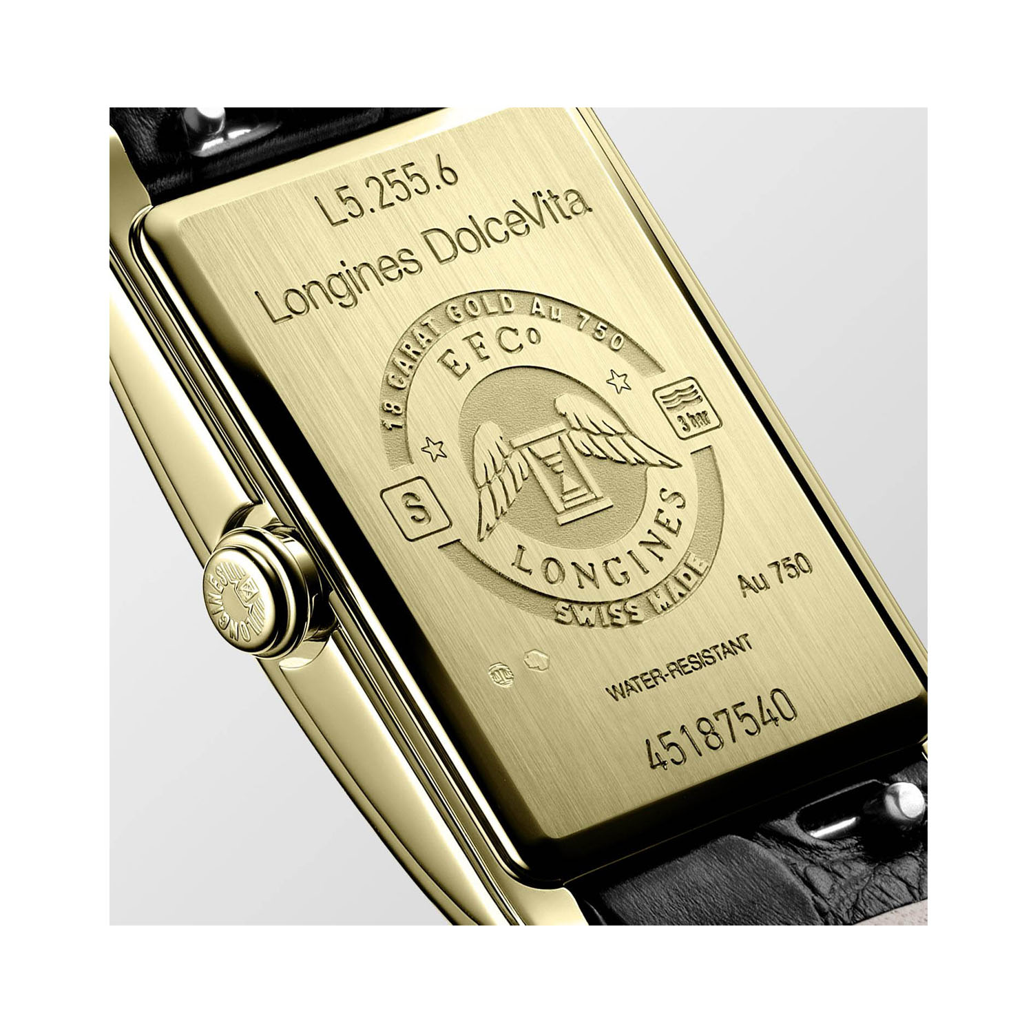 Longines, DolceVita 18ct Yellow Gold, Quartz Women's Watch Longines, DolceVita with a 20.5 x 32mm rectangular 18ct yellow gold case and a black leather strap featuring a small seconds hand and a silver "flinqué" dial.