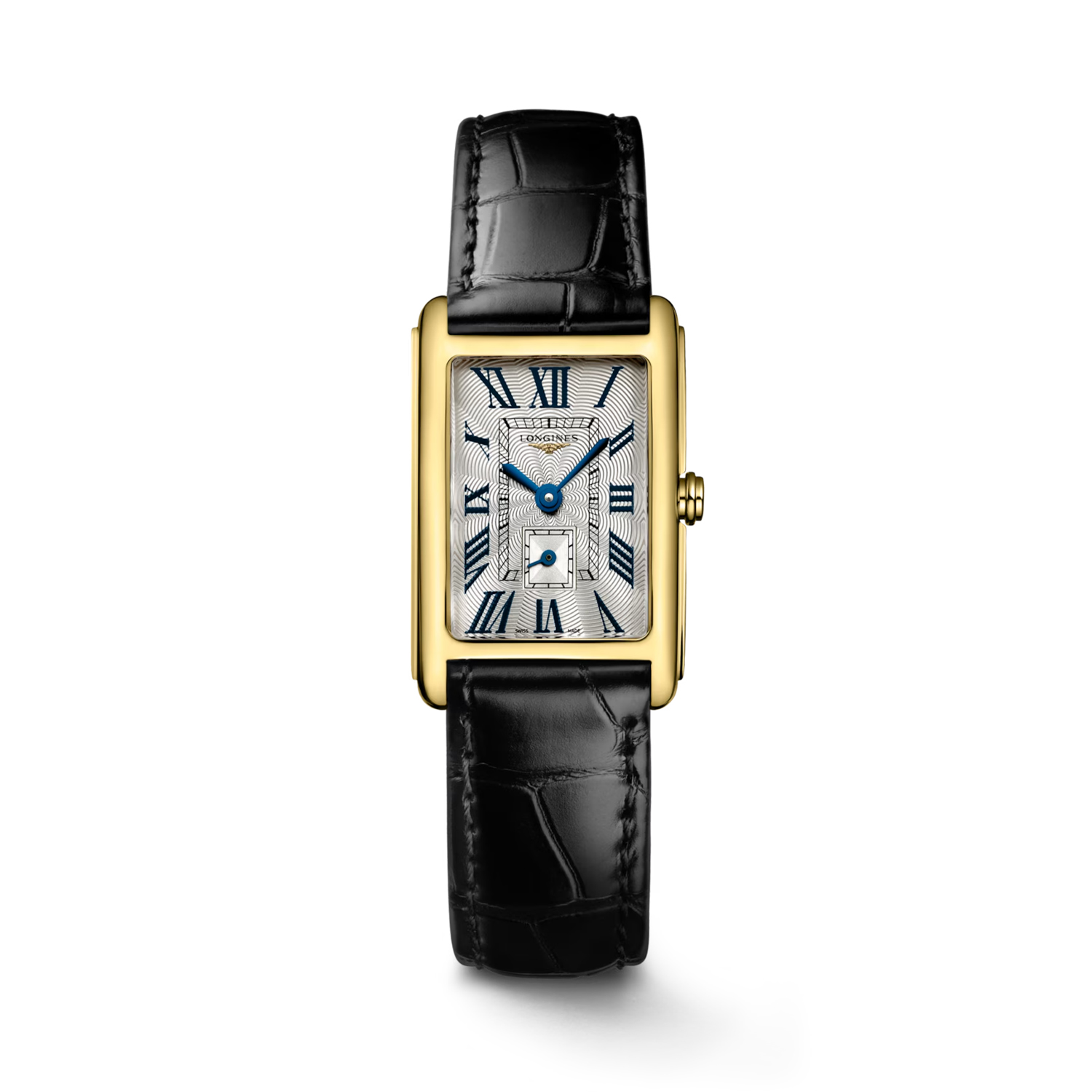 Longines, DolceVita 18ct Yellow Gold, Quartz Women's Watch Longines, DolceVita with a 20.5 x 32mm rectangular 18ct yellow gold case and a black leather strap featuring a small seconds hand and a silver "flinqué" dial.