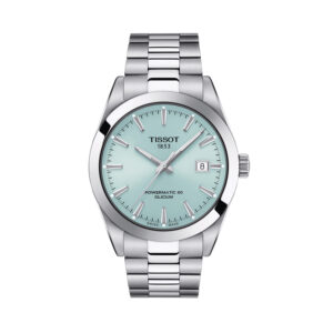 Tissot Gentleman Powermatic 80 with a 40mm stainless steel case and bracelet strap featuring a date function and an ice blue dial.